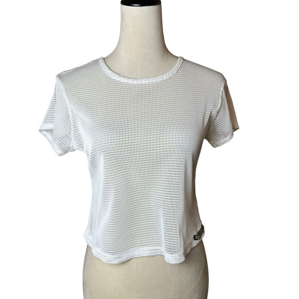 Vintage Gold’s Gym White Mesh Nylon Workout Crop Top‎ XL | 90s Retro Fitness
